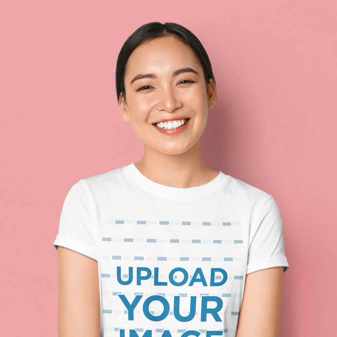 T-Shirt Mockup Featuring a Happy Woman in a Studio