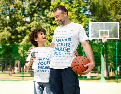 T-Shirt Mockup Featuring a Father and His Son Laughing at a Basketball Court
