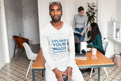 V-Neck Long Sleeve Tee Mockup Featuring a Man with Glasses 44237-r-el2
