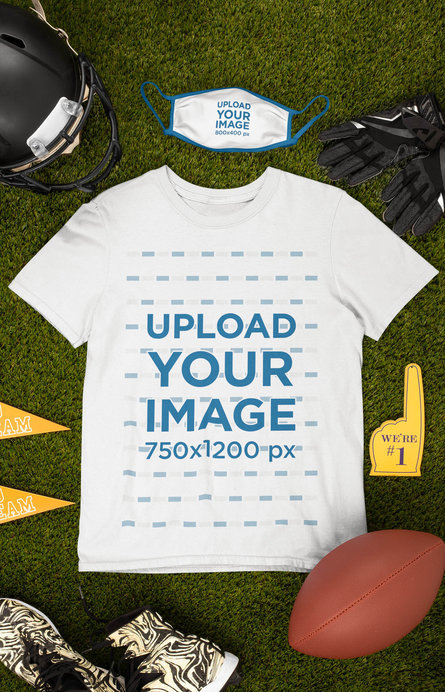 Mockup of a Round Neck Tee and a Face Mask Surrounded by Football Equipment