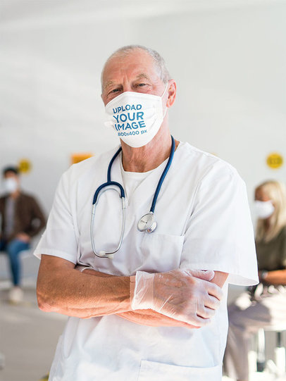 Face Mask Mockup of a Doctor Posing in a Waiting Room 