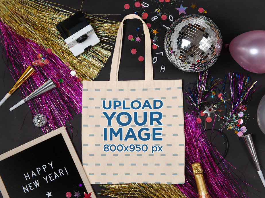 Mockup of a Tote Bag on the Floor with New Year's Party Items