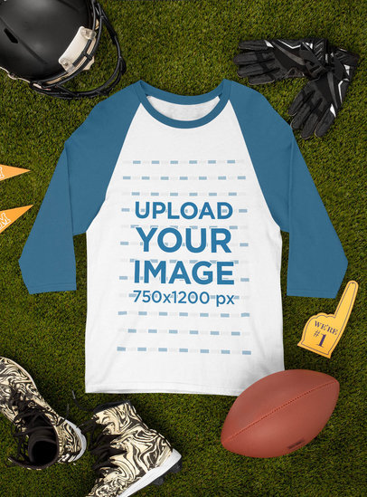 Mockup of a Raglan 3/4 Sleeve Tee Surrounded by Football Equipment 