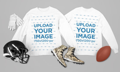 Mockup of Two Flat Laid Long-Sleeve T-Shirts Surrounded by Football Equipment 