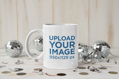 Mockup of an 11 oz Coffee Mug Surrounded by Party Decorations m278