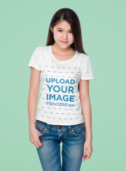 T-Shirt Mockup of a Young Long-Haired Woman at a Studio