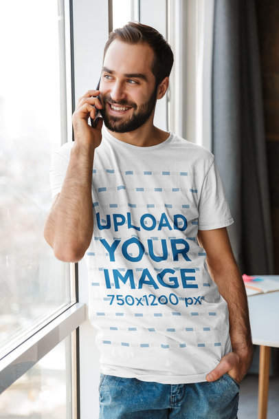 Round Neck Tee Mockup Featuring a Man Talking on the Phone 