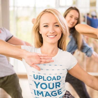  Mockup of a Happy Woman Wearing a T-Shirt at a Dance Class 44927-r-el2