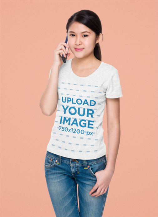 Studio T-Shirt Mockup of a Woman Talking on the Phone