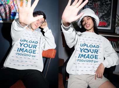 Sweatshirt Mockup Featuring Two Friends Covering Their Faces from the Flash 