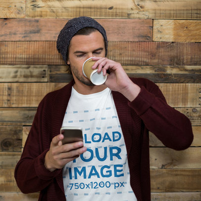 T-Shirt Mockup of a Man Relaxing Drinking Coffee