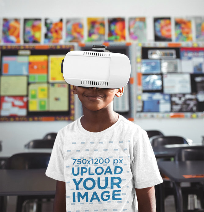 T-Shirt Mockup Featuring a Kid Using a VR Headset 