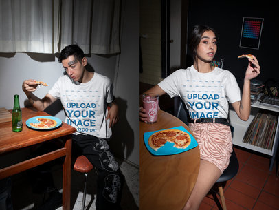 T-Shirt Mockup Featuring Two Friends Eating Pizza