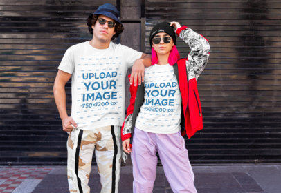 T-Shirt Mockup of a Couple with a Hype Outfit