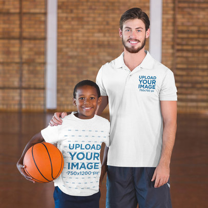 T-Shirt and Polo Shirt Mockup of a Basketball Coach and a Player Posing
