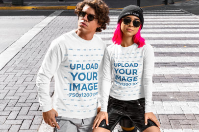 Long Sleeve Tee Mockup of a Couple in Streetwear Outfits 