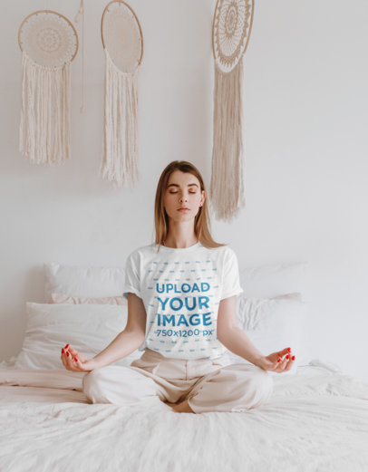 T-Shirt Mockup of a Woman Meditating in a White Bedroom 45048-r-el2