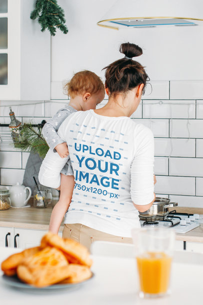 Long Sleeve Tee Mockup of a Mom Cooking at Home with Her Baby 45032-r-el2