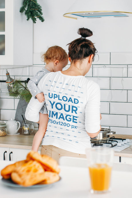 Long Sleeve Tee Mockup of a Mom Cooking at Home with Her Baby