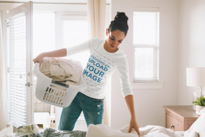 3/4 Sleeve Tee Mockup of a Woman Holding a Laundry Basket 45054-r-el2
