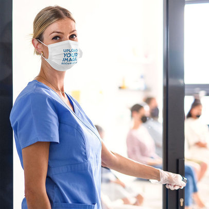 Face Mask Mockup Featuring a Female Doctor Entering a Waiting Room 