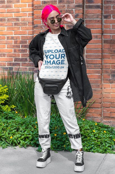 Mockup of a Round Neck T-Shirt Featuring a Woman with Pink-Dyed Hair 