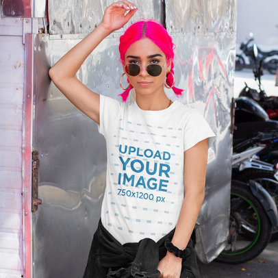 T-Shirt Mockup of a Fierce Woman with Neon-Colored Hair