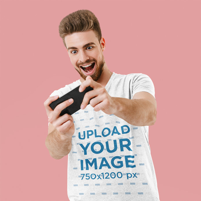 Mockup of a Man with a Heathered T-Shirt Playing on the Phone