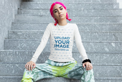 Long Sleeve Tee Mockup Featuring a Pink-Haired Woman Posing