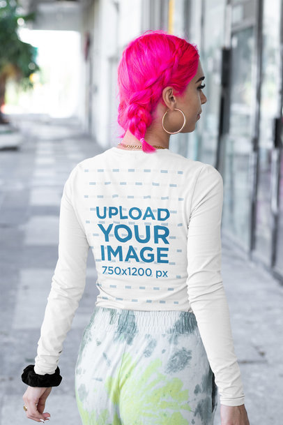 Back-View Mockup of a Woman with Pink-Dyed Hair Wearing a Long Sleeve Tee 