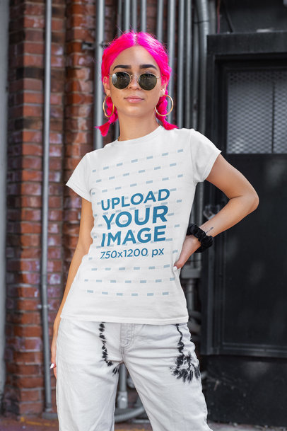 T-Shirt Mockup of a Pink-Haired Woman Wearing a Streetwear Outfit