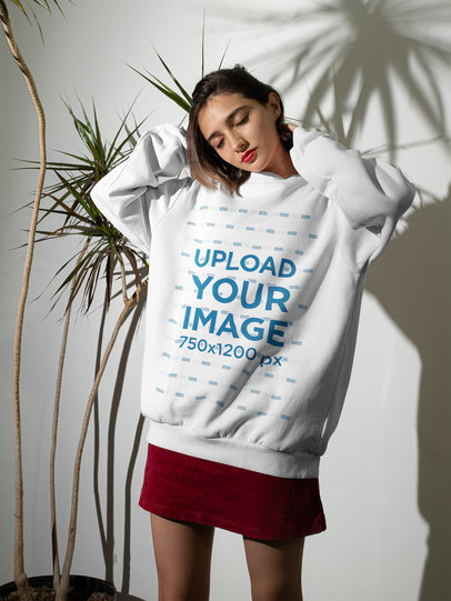 Sweatshirt Mockup Featuring a Young Woman and a Hard Flash Lighting m543