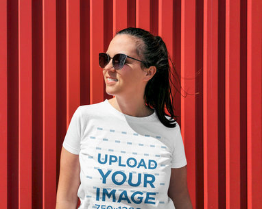 Mockup of a Woman Wearing Sunglasses and a T-Shirt