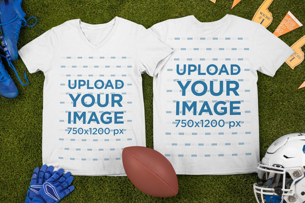 Mockup of Two V-Neck T-Shirts Surrounded by Football Equipment