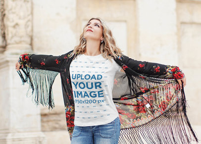T-Shirt Mockup of a Joyful Woman with a Floral Garment