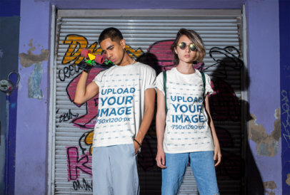 T-Shirt Mockup of a Man and a Woman in an Urban Setting