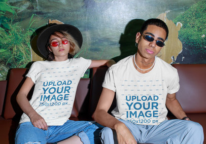 T-Shirt Mockup Featuring a Man and a Woman with a Fierce Style