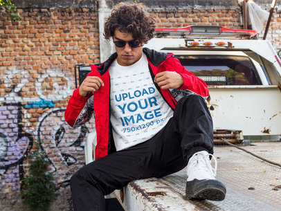 T-Shirt Mockup of a Man Sitting on a Cargo Truck m519
