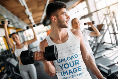 Mockup of a Bearded Man Wearing a Heathered Tank Top at the Gym