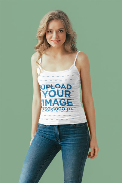 Spaghetti Strap Tank Top Mockup of a Young Woman in a Studio