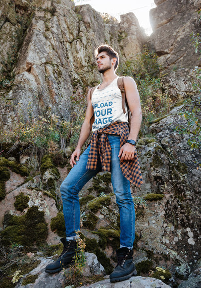 Tank Top Mockup Featuring a Young Man Hiking