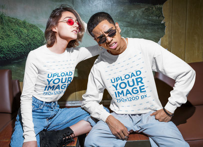 Long Sleeve Tee Mockup of a Man and a Woman in an Urban-Style Outfit