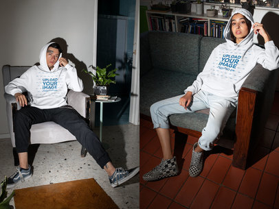 Hoodie Mockup of a Man and a Woman Chilling at Home