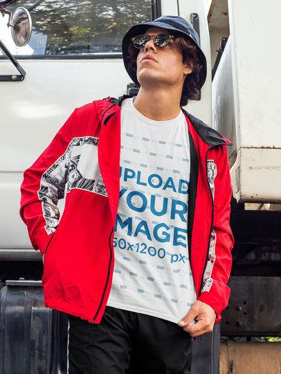 Round Neck Tee Mockup Featuring a Man with Sunglasses by a Truck m535