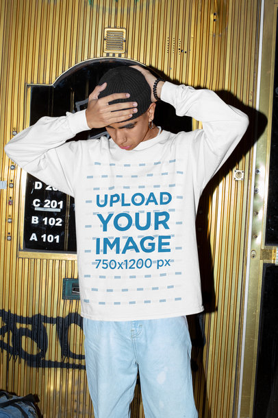 Sweatshirt Mockup of a Young Man with His Hands on His Head