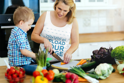 Tank Top Mockup Featuring a Mom and Her Toddler in the Kitchen 