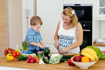 Tank Top Mockup Featuring a Woman Cooking With Her Son