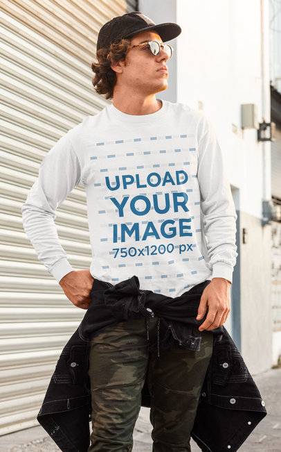 Long Sleeve Tee Mockup Featuring a Serious Man With Sunglasses 