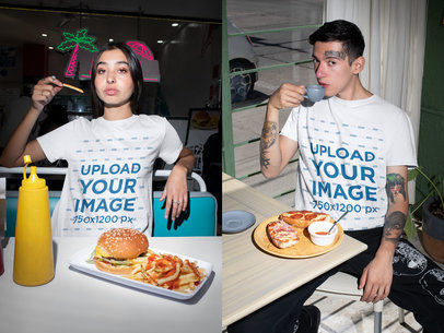 T-Shirt Mockup of a Man and a Woman Eating Fast Food