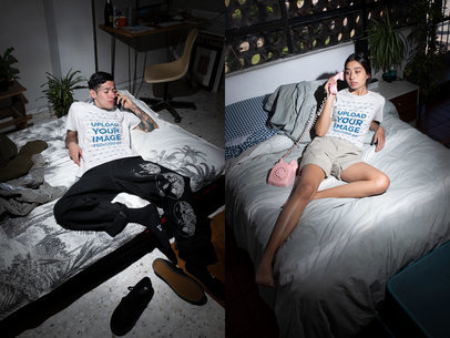 T-Shirt Mockup of a Young Couple Talking on the Phone